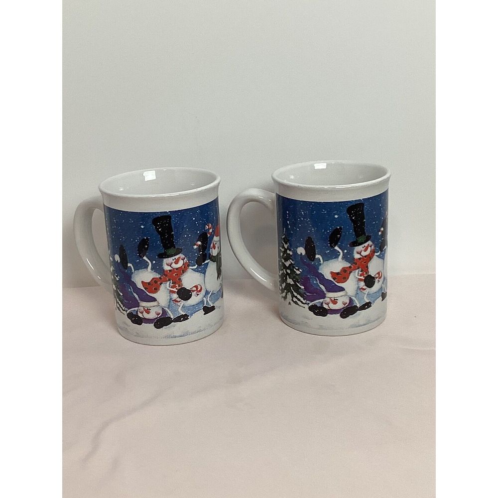 2 EXTRA LARGE MSI 20 OZ. 5 2/5  TALL COFFEE MUG HOLIDAY CHRISTMAS SNOWMAN SCENE
